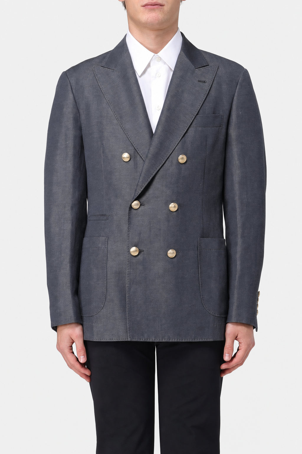 BRUNELLO CUCINELLI MEN'S GREY WOOL LINEN DOUBLE BREASTED JACKET