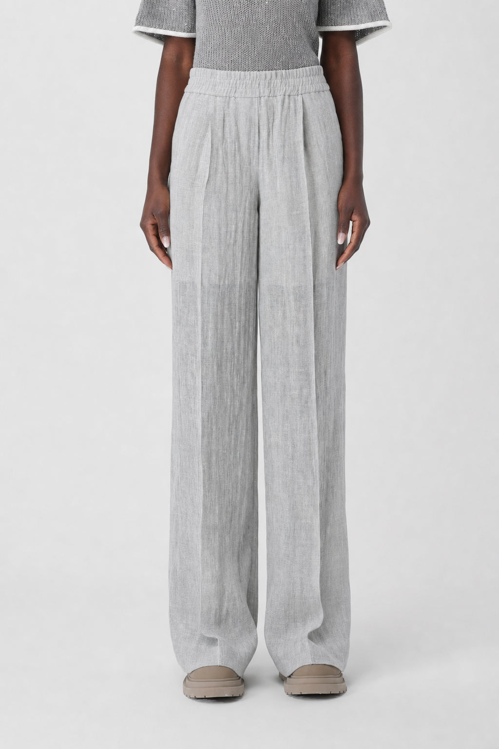 BRUNELLO CUCINELLI WOMEN'S LIGHT GREY LINEN TROUSERS