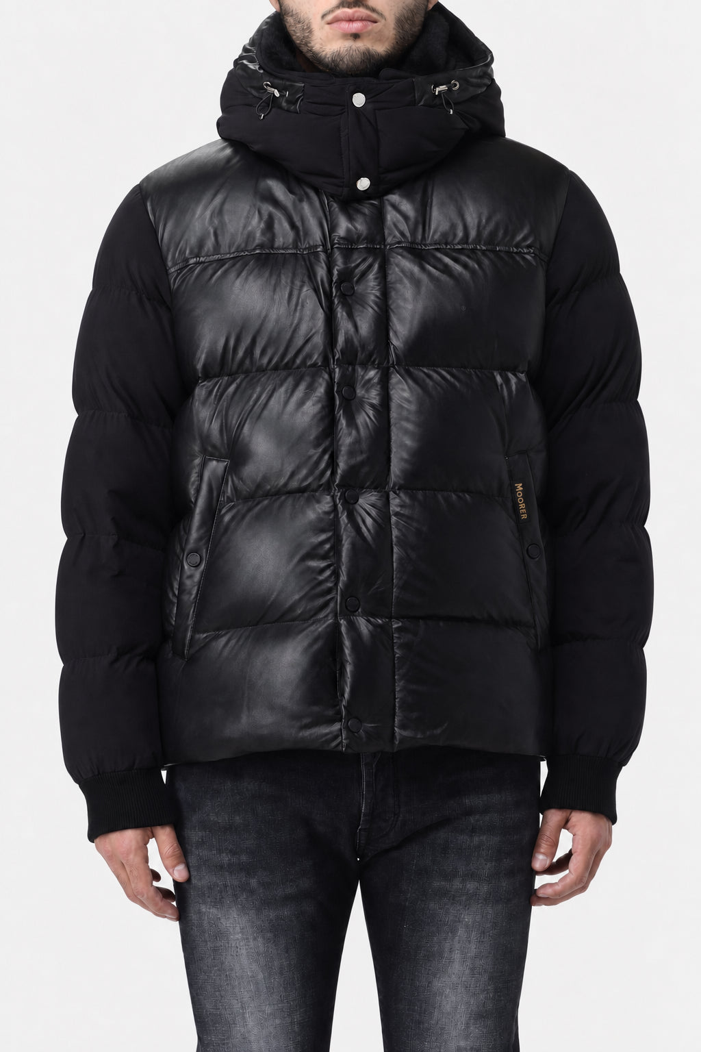 MOORER MEN'S BLACK LEATHER PUFFER JACKET
