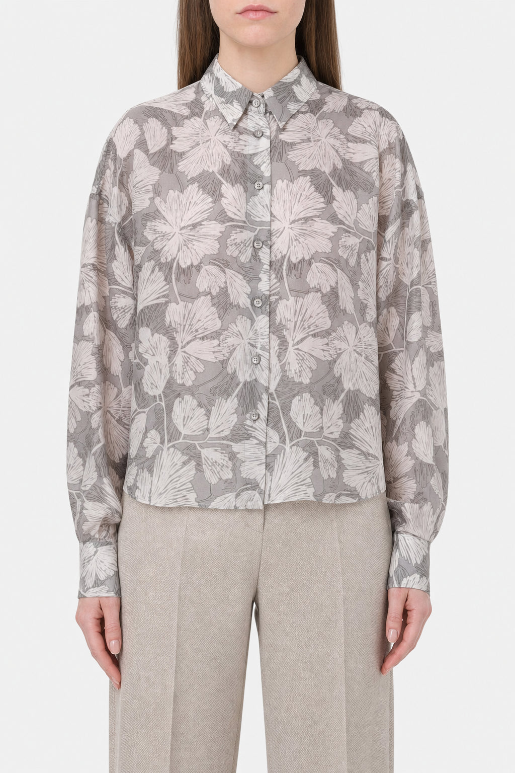 BRUNELLO CUCINELLI WOMEN'S GREY FLORAL SILK SHIRT