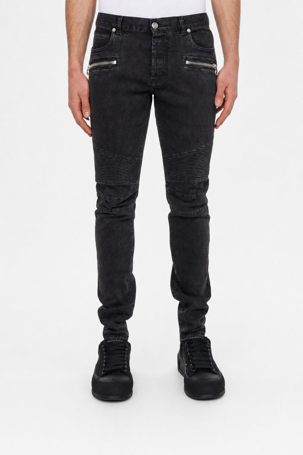 BALMAIN MEN'S BLACK RIBBED SLIM JEANS