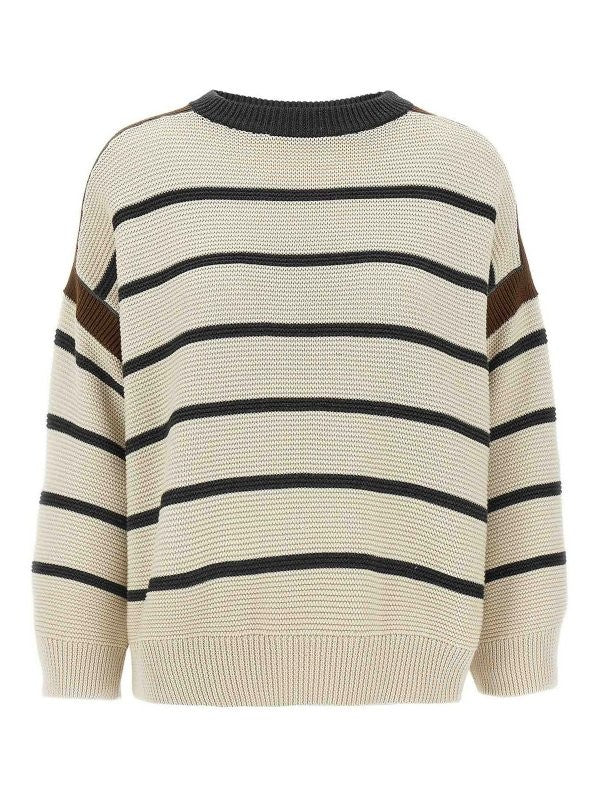 BRUNELLO CUCINELLI WOMEN'S BEIGE STRIPED COTTON SWEATER
