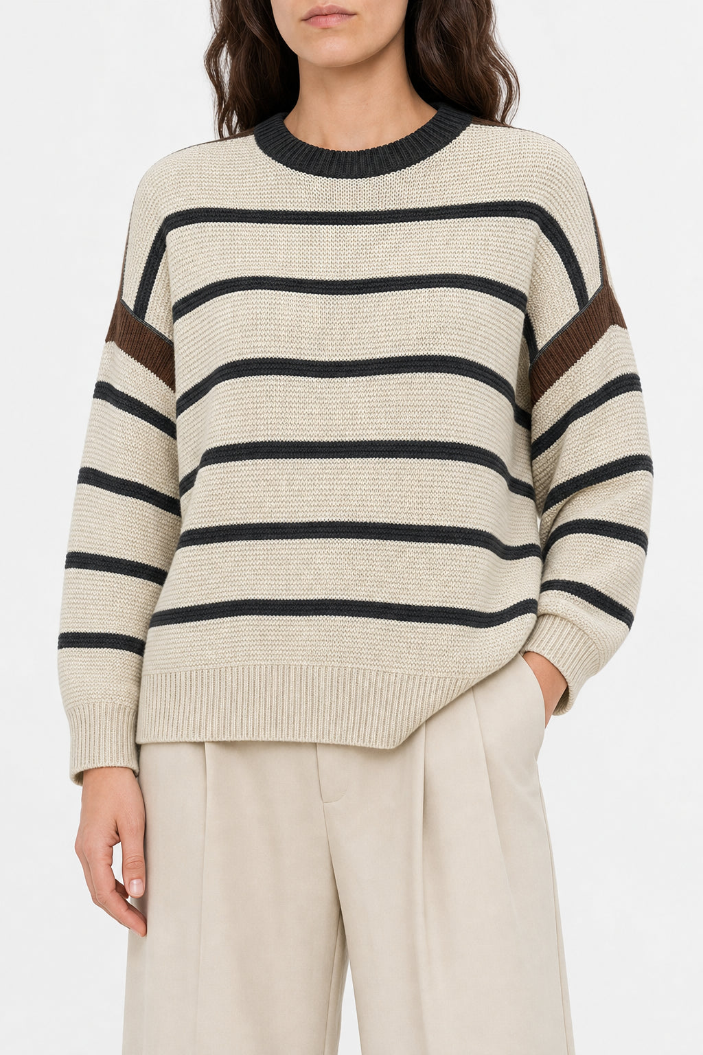 BRUNELLO CUCINELLI WOMEN'S BEIGE STRIPED COTTON SWEATER