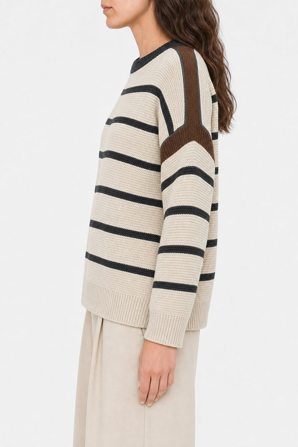 BRUNELLO CUCINELLI WOMEN'S BEIGE STRIPED COTTON SWEATER
