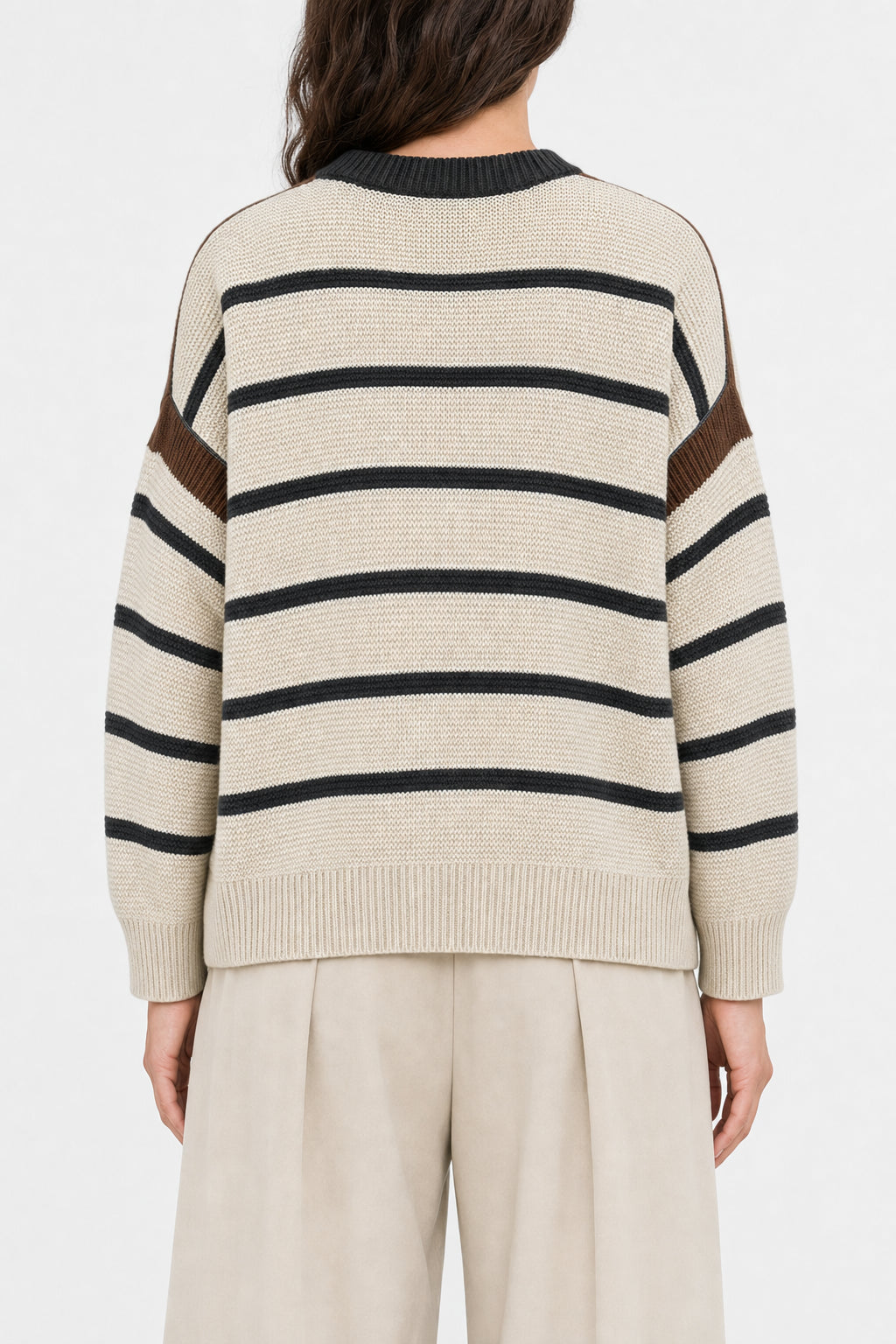 BRUNELLO CUCINELLI WOMEN'S BEIGE STRIPED COTTON SWEATER
