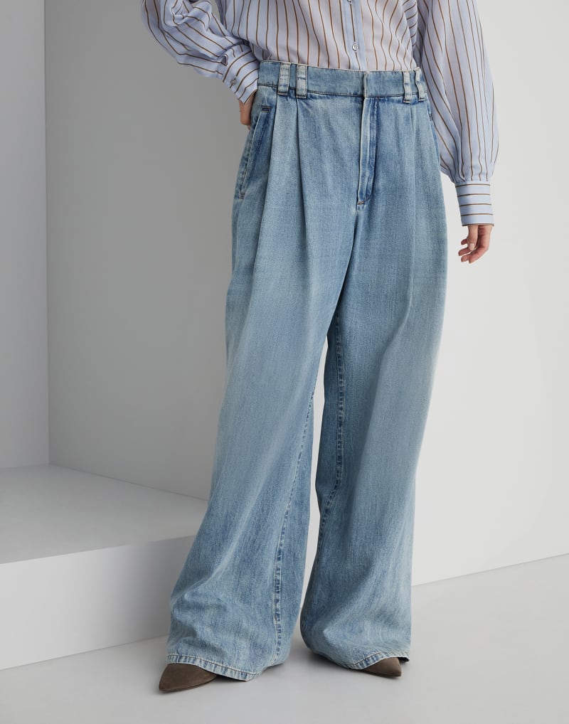 BRUNELLO CUCINELLI WOMEN'S LIGHT BLUE WIDE LEG TROUSERS