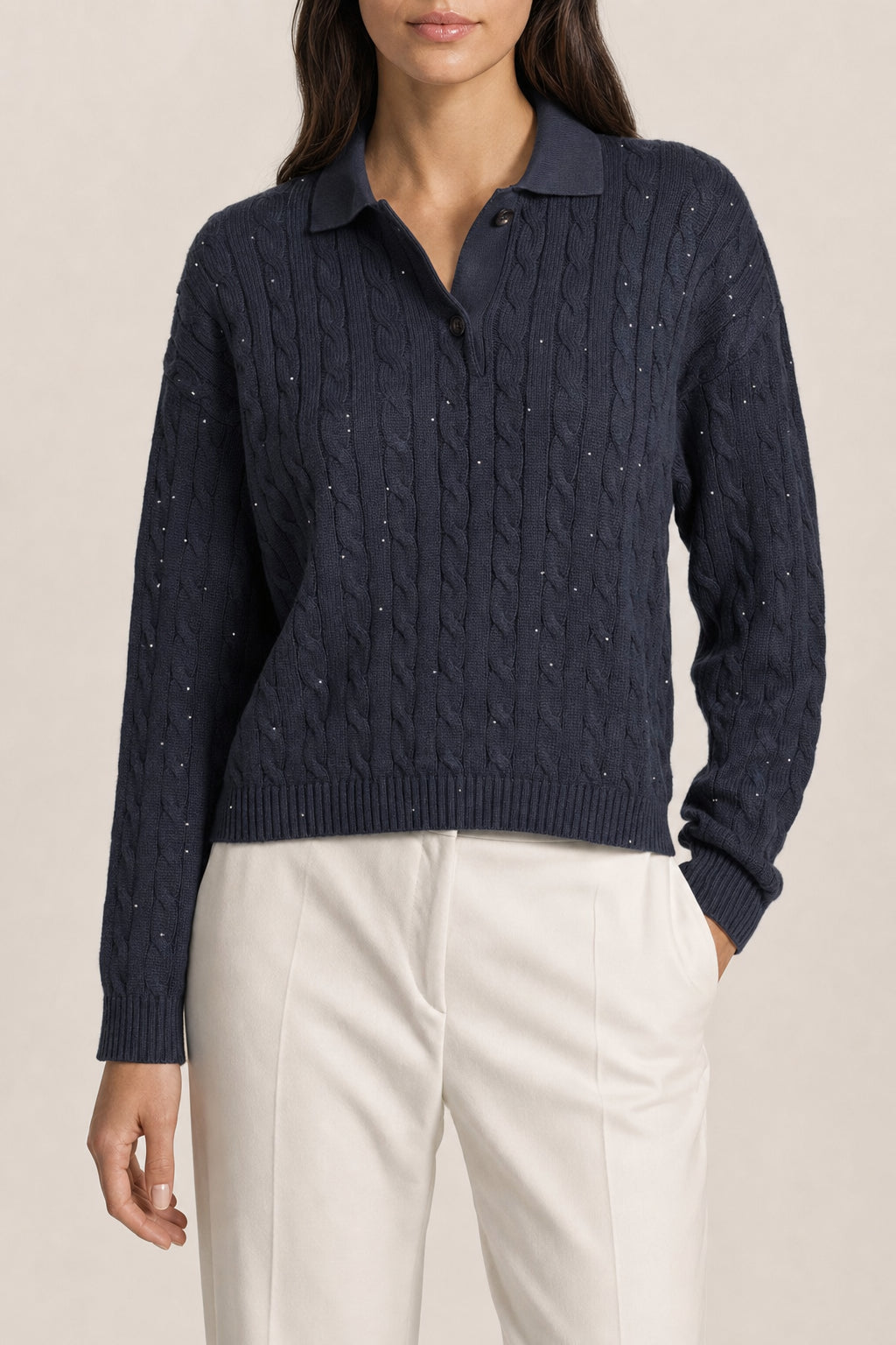 BRUNELLO CUCINELLI WOMEN'S DARK BLUE CABLE KNIT SWEATER