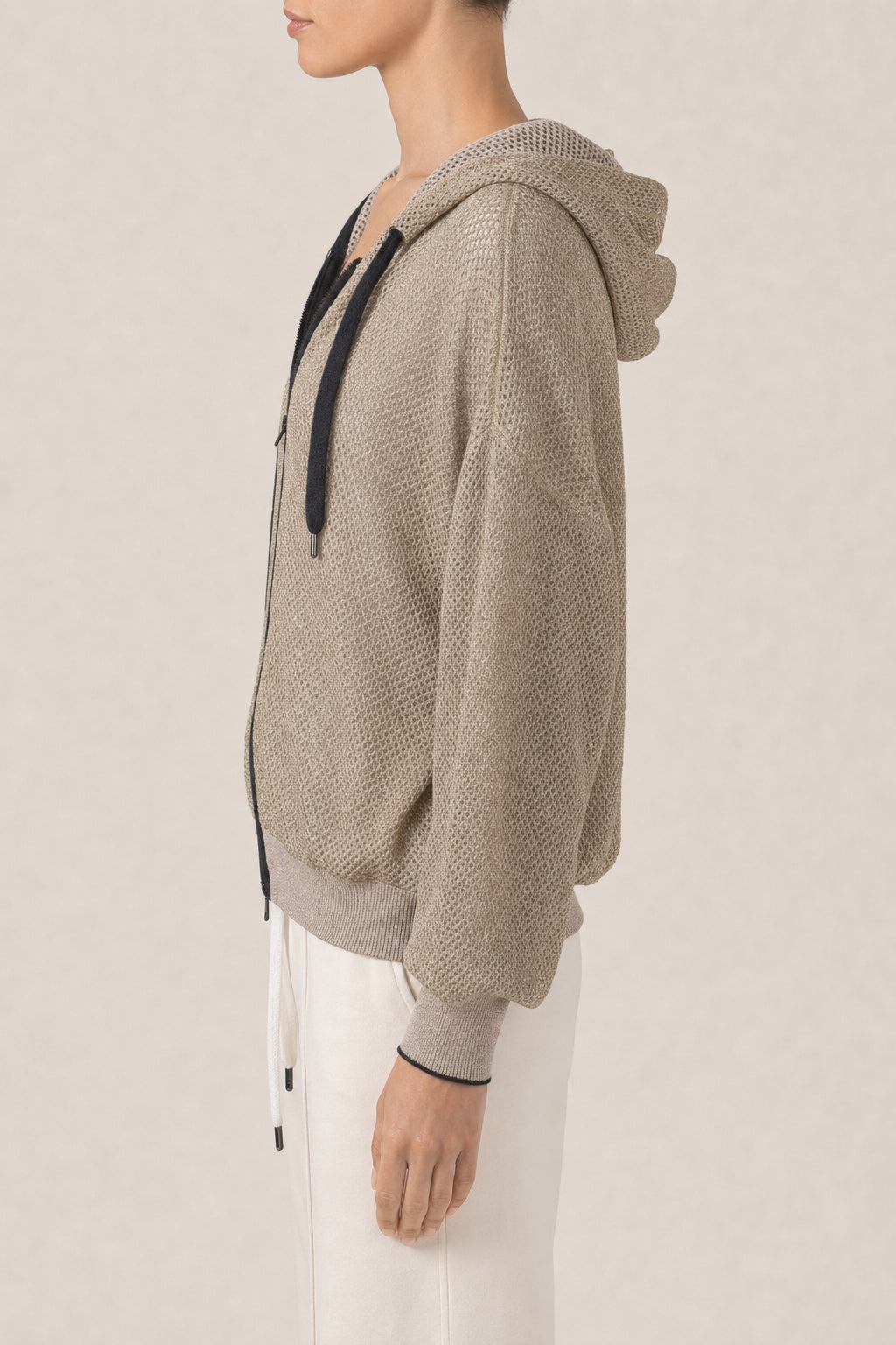 BRUNELLO CUCINELLI WOMEN'S BEIGE MESH ZIP HOODIE