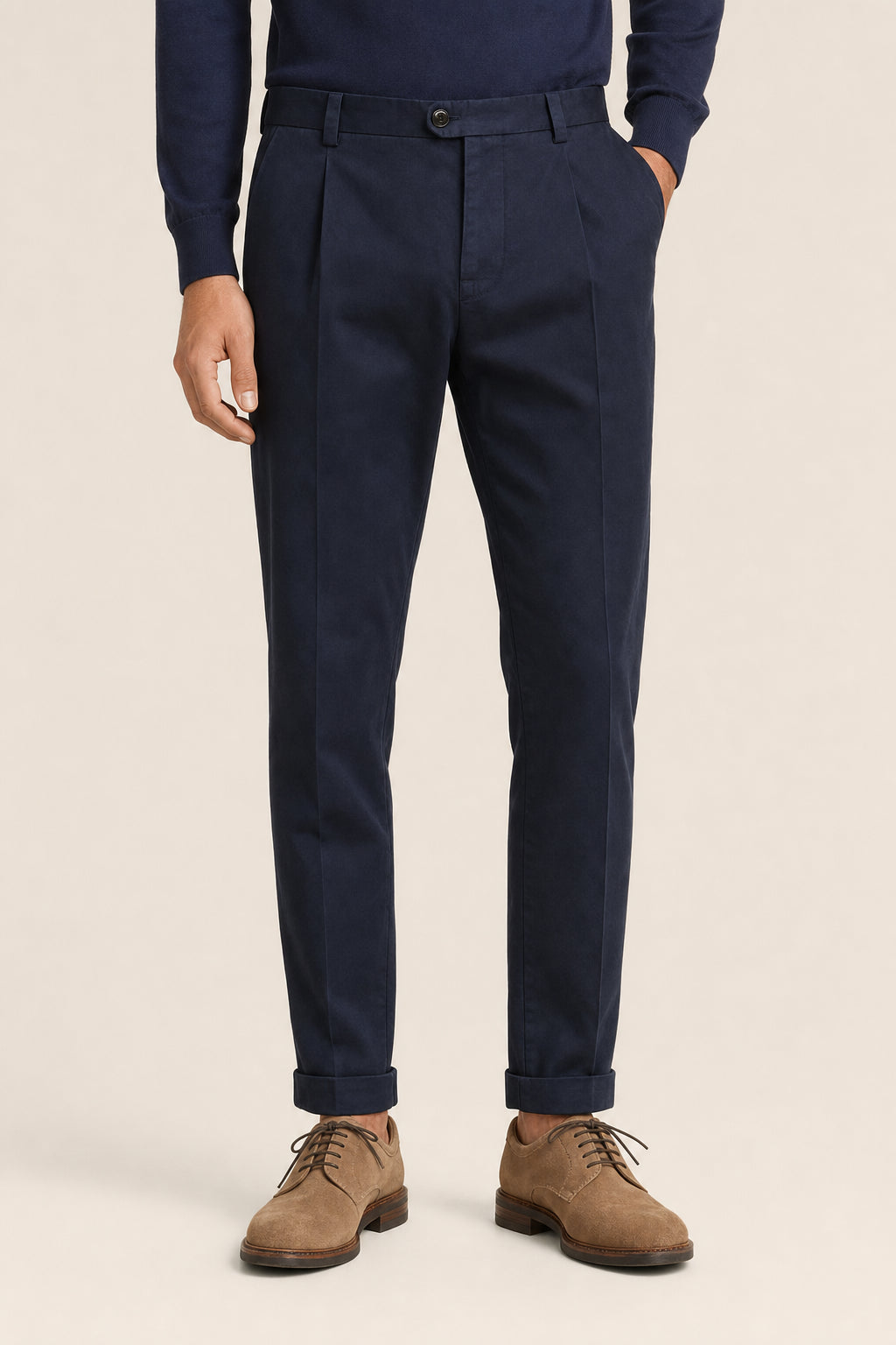 BRUNELLO CUCINELLI MEN'S NAVY COTTON DRESS TROUSERS