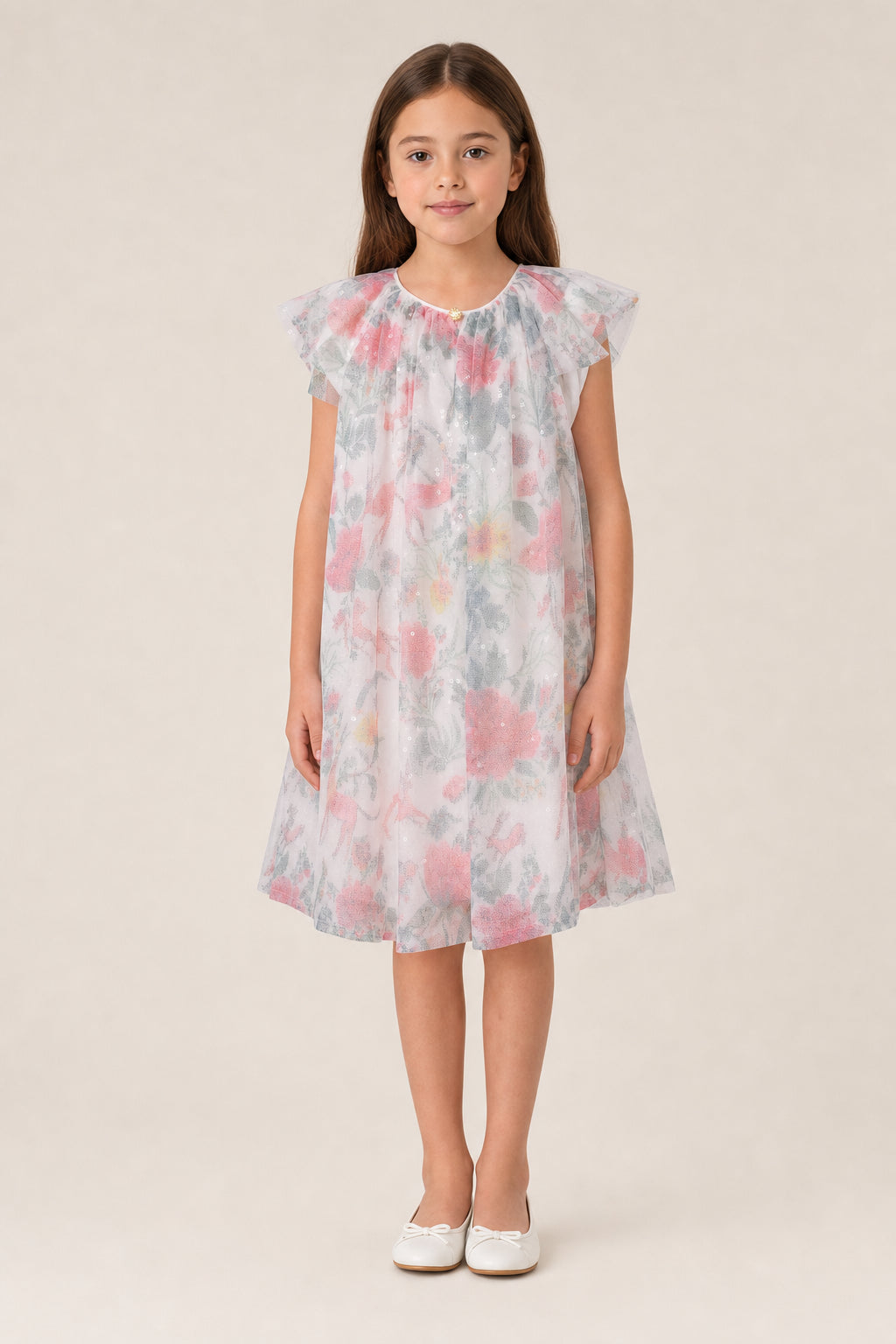 DIOR KIDS'S IVORY FLORAL SEQUIN DRESS