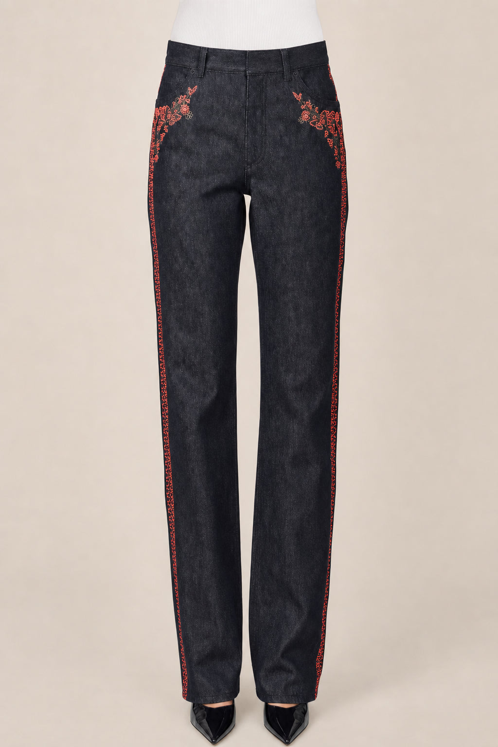 DIOR WOMEN'S BLACK EMBROIDERED DENIM TROUSERS
