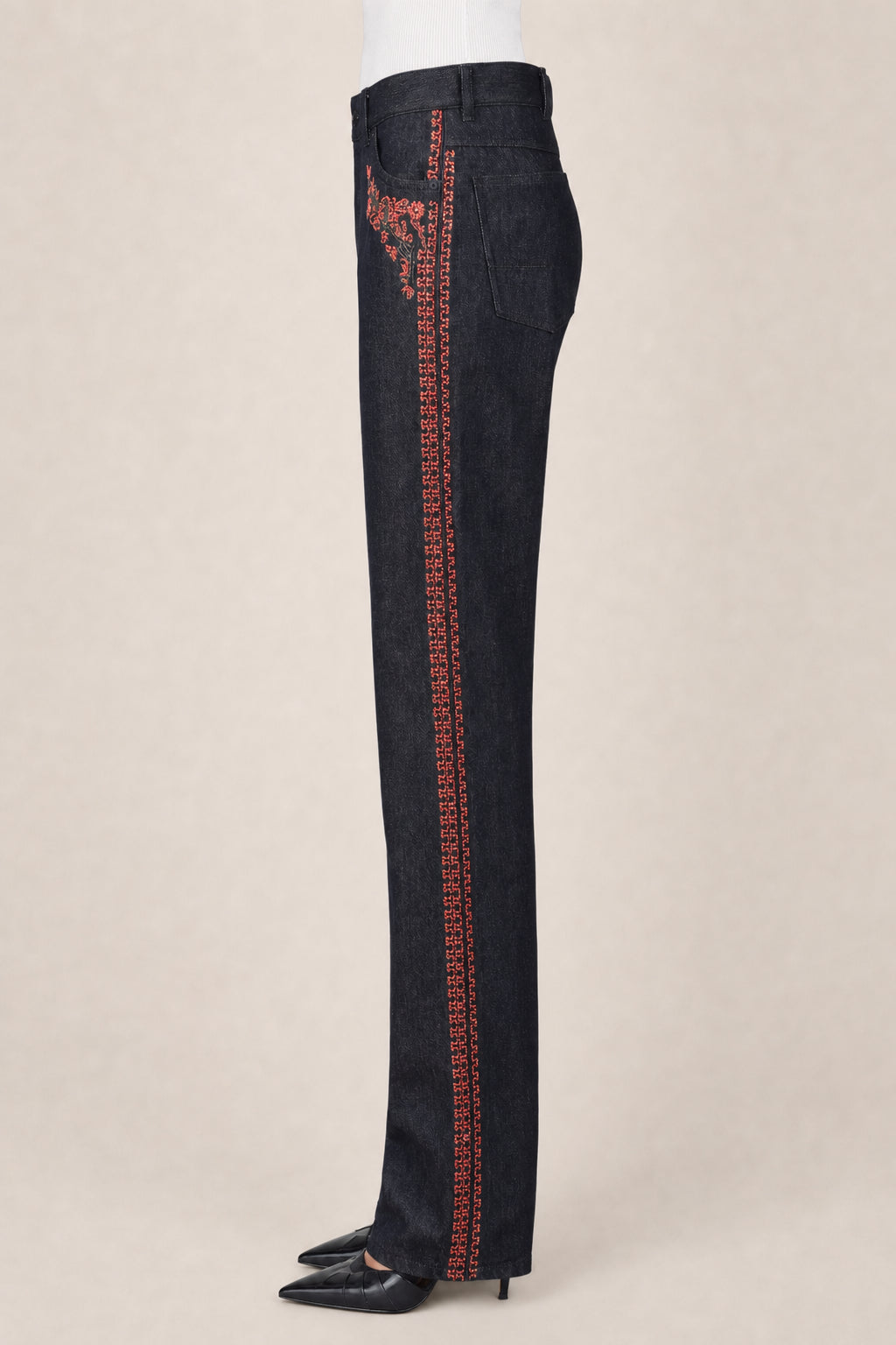DIOR WOMEN'S BLACK EMBROIDERED DENIM TROUSERS