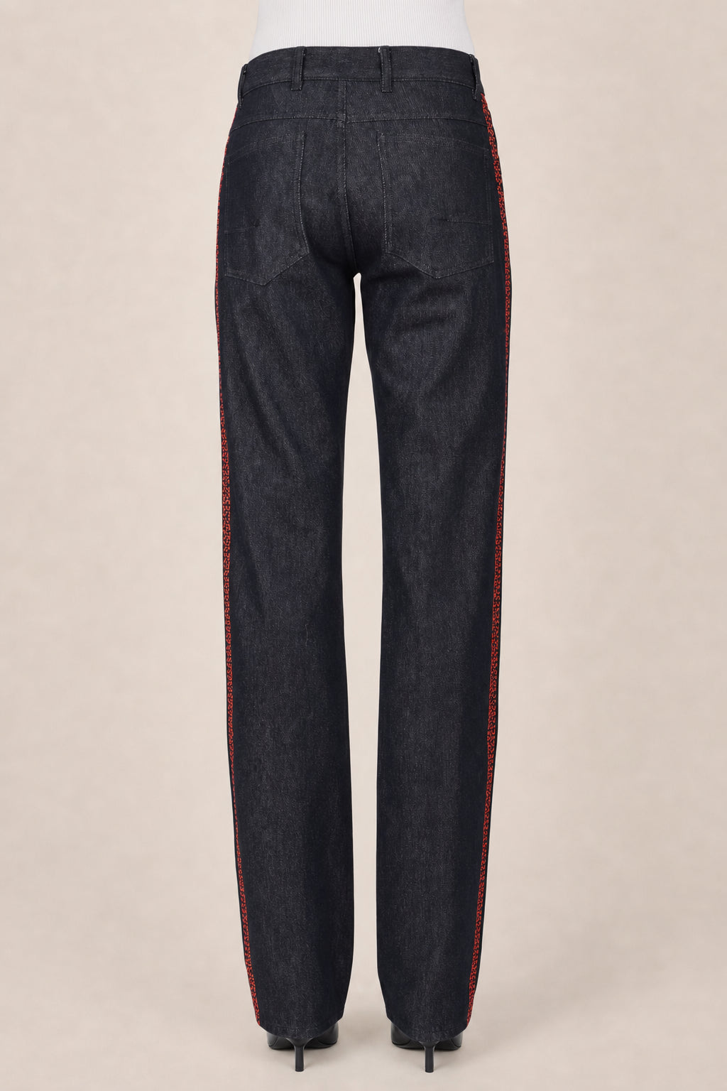 DIOR WOMEN'S BLACK EMBROIDERED DENIM TROUSERS