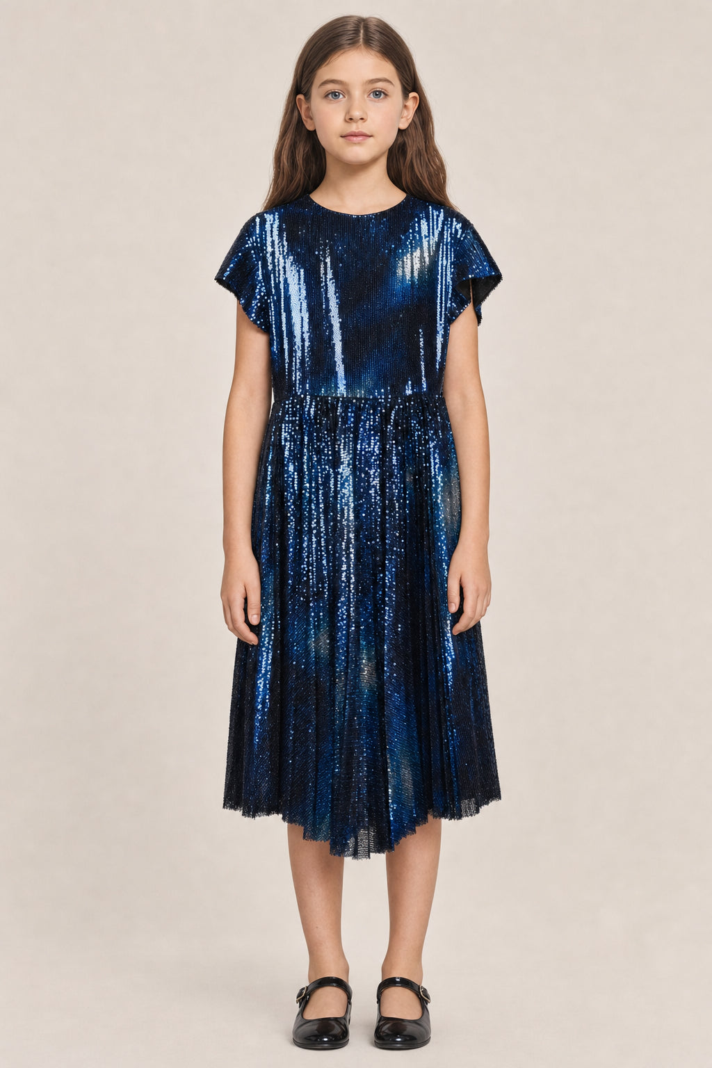 DIOR KIDS'S BLUE SEQUIN PLEATED DRESS