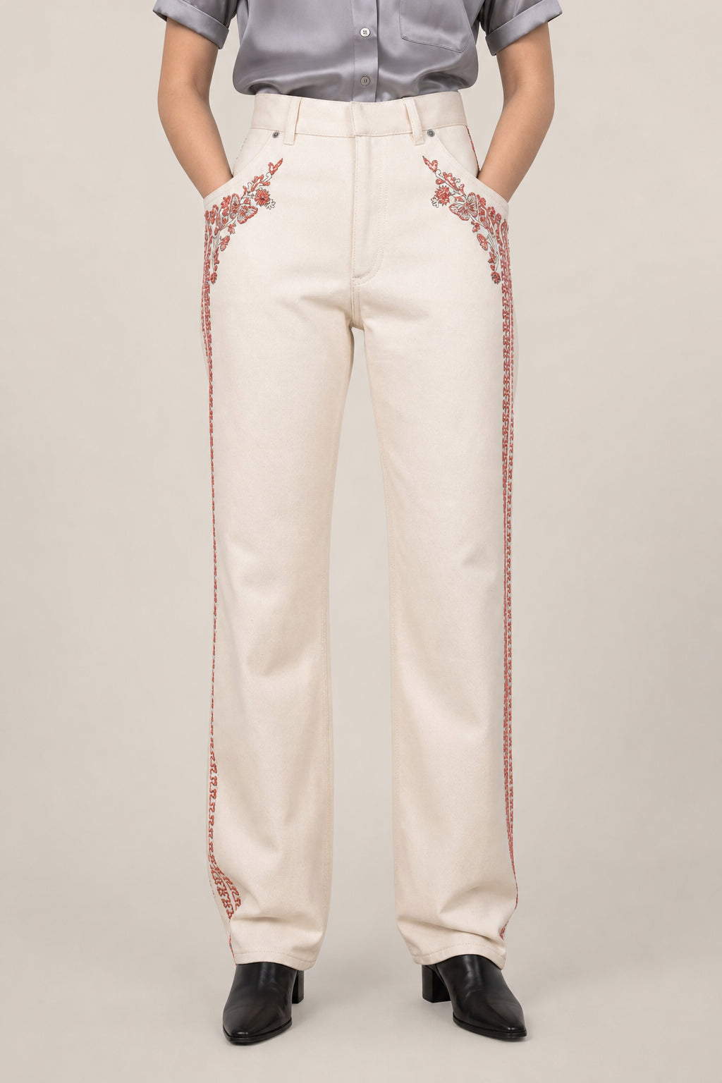 DIOR WOMEN'S BEIGE EMBROIDERED DENIM TROUSERS