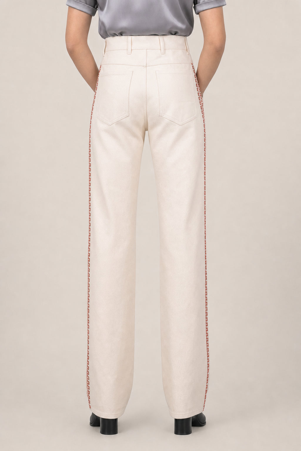 DIOR WOMEN'S BEIGE EMBROIDERED DENIM TROUSERS