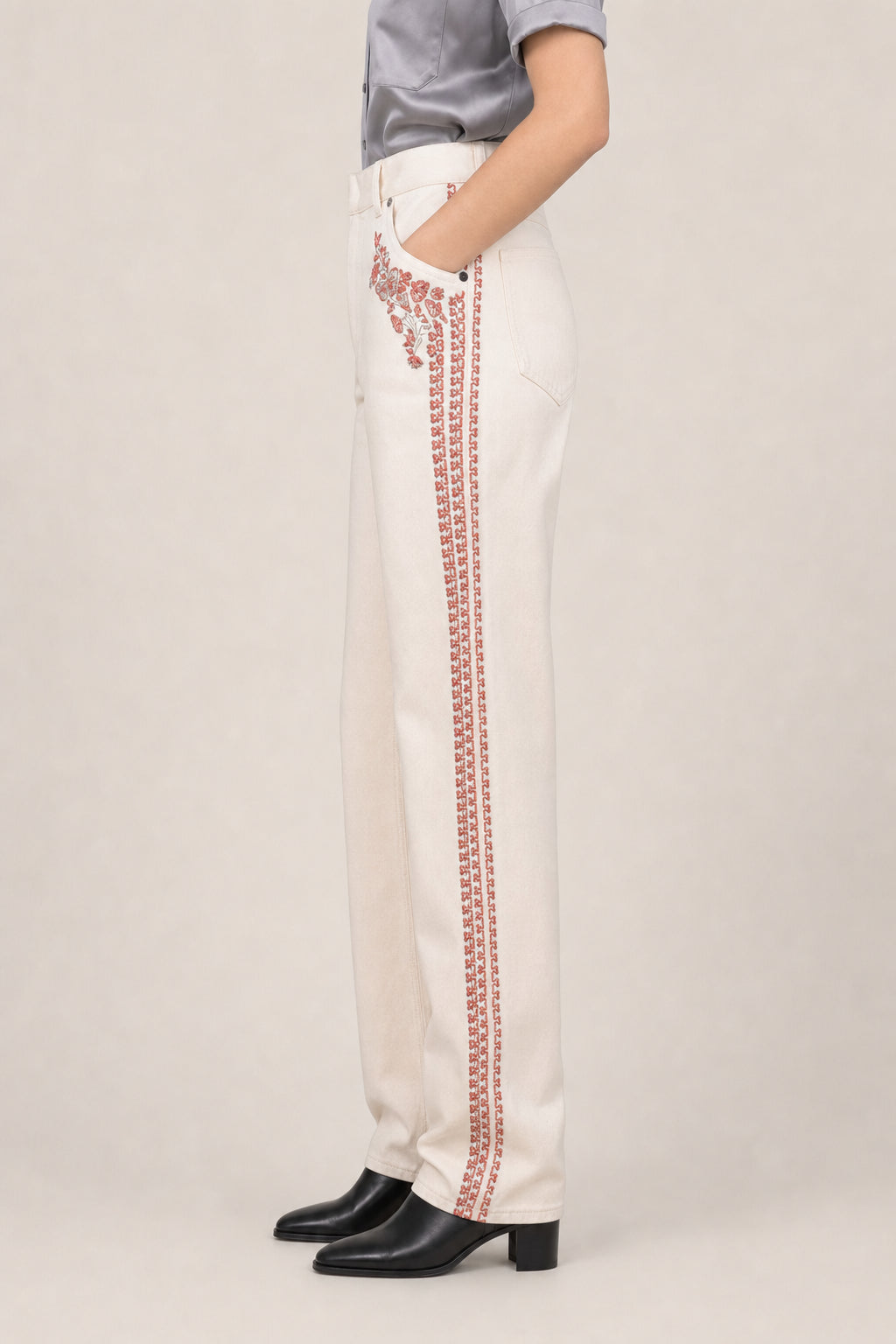 DIOR WOMEN'S BEIGE EMBROIDERED DENIM TROUSERS