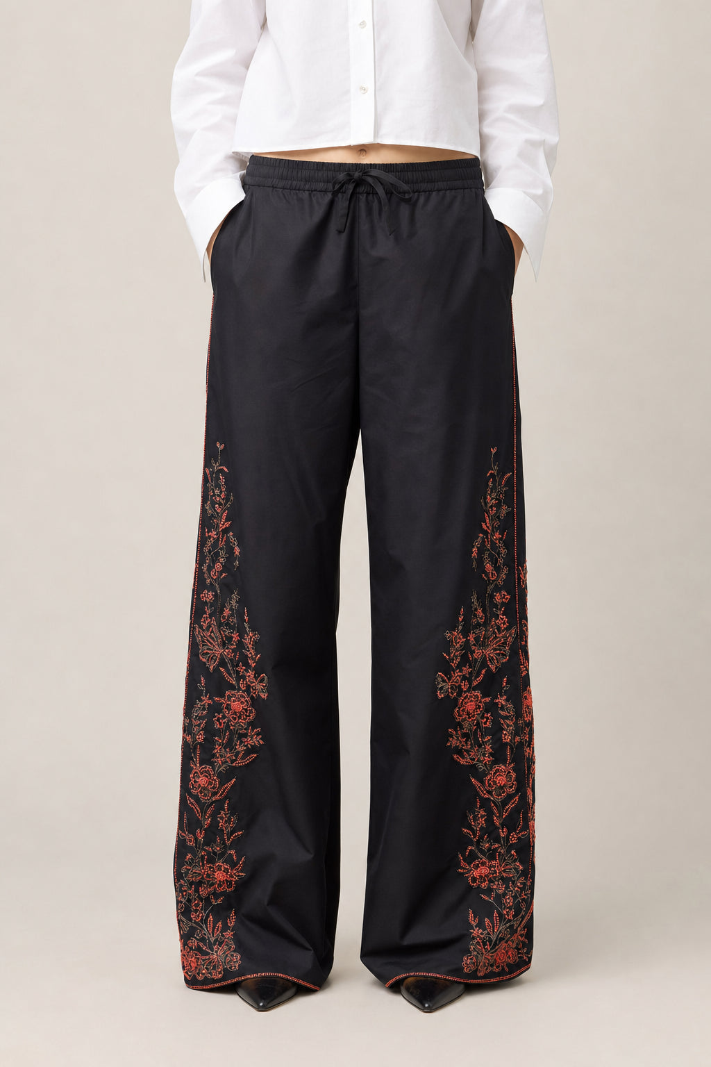 DIOR WOMEN'S BLACK EMBROIDERED WIDE TROUSERS