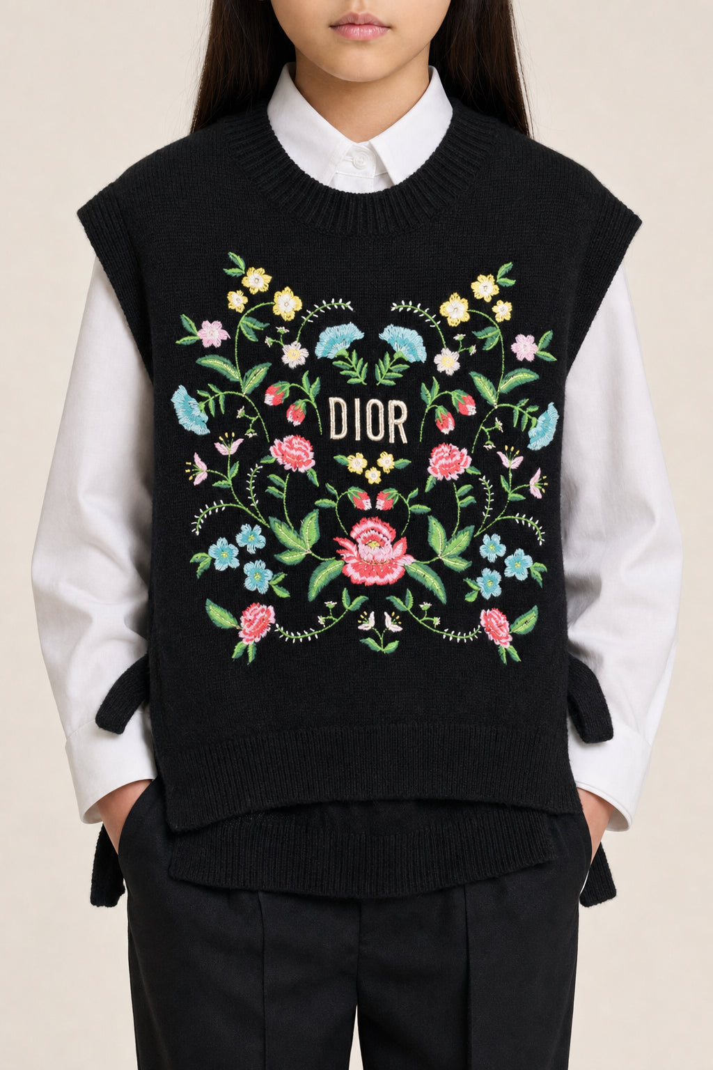DIOR KIDS'S BLACK WOOL SLEEVELESS SWEATER
