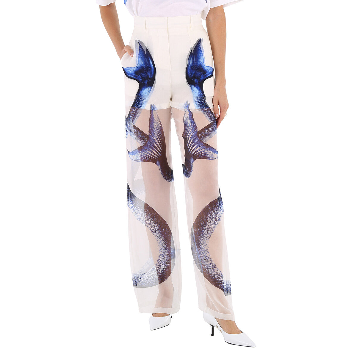 BURBERRY WOMEN'S WHITE PRINTED SHEER TROUSERS