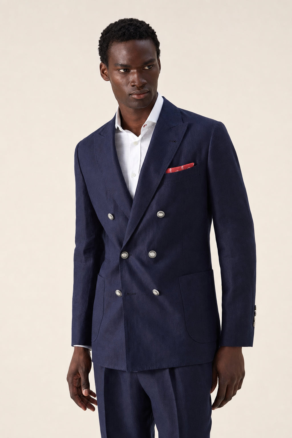 BRUNELLO CUCINELLI MEN'S NAVY LINEN DOUBLE BREASTED BLAZER
