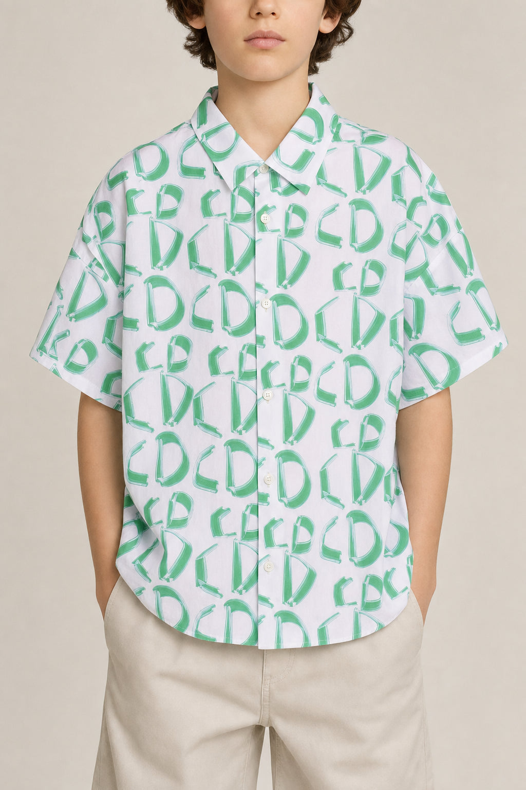 DIOR KIDS'S WHITE GREEN PRINT SHIRT