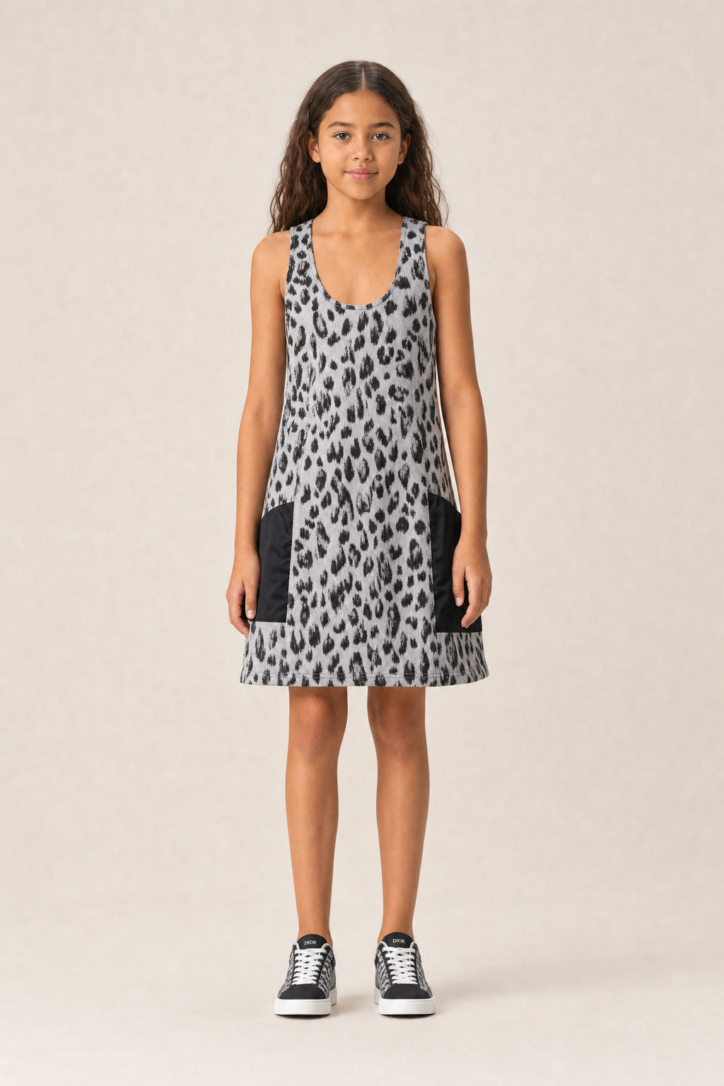 DIOR KIDS'S BLACK AND WHITE LEOPARD DRESS
