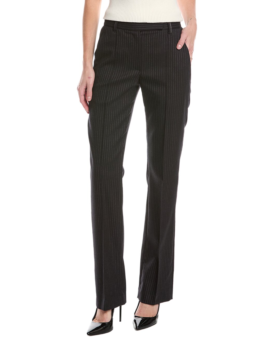 BRUNELLO CUCINELLI WOMEN'S BLUE WOOL PINSTRIPE TROUSERS