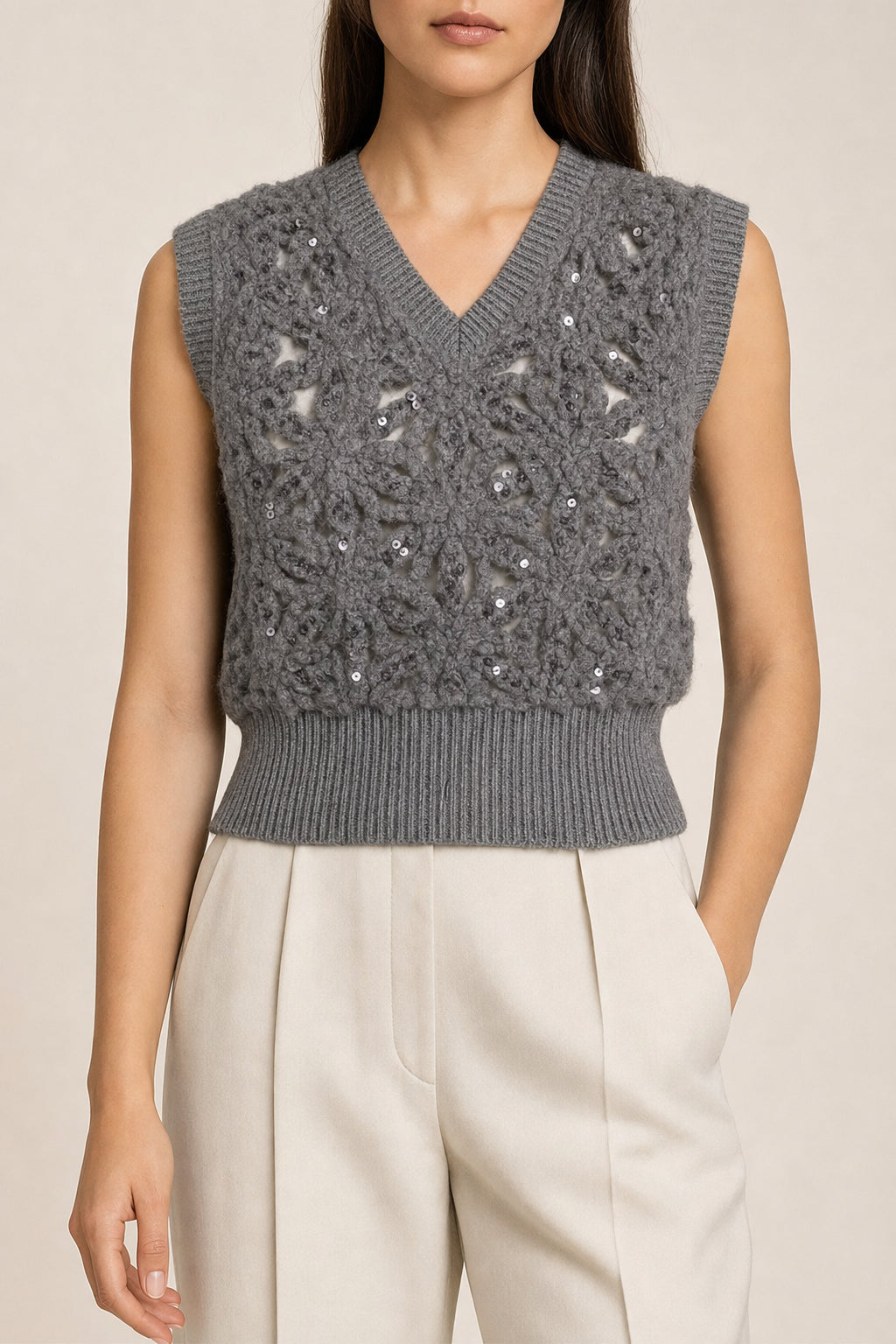 BRUNELLO CUCINELLI WOMEN'S MEDIUM GREY WOOL KNIT SWEATER
