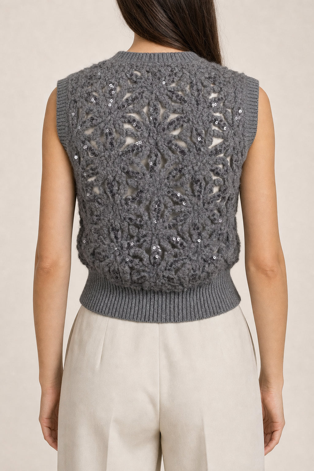 BRUNELLO CUCINELLI WOMEN'S MEDIUM GREY WOOL KNIT SWEATER