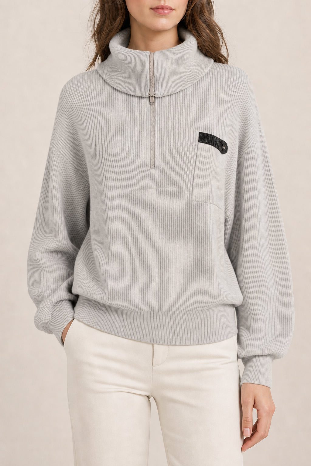 BRUNELLO CUCINELLI WOMEN'S NEBBIA COTTON HALF ZIP SWEATER