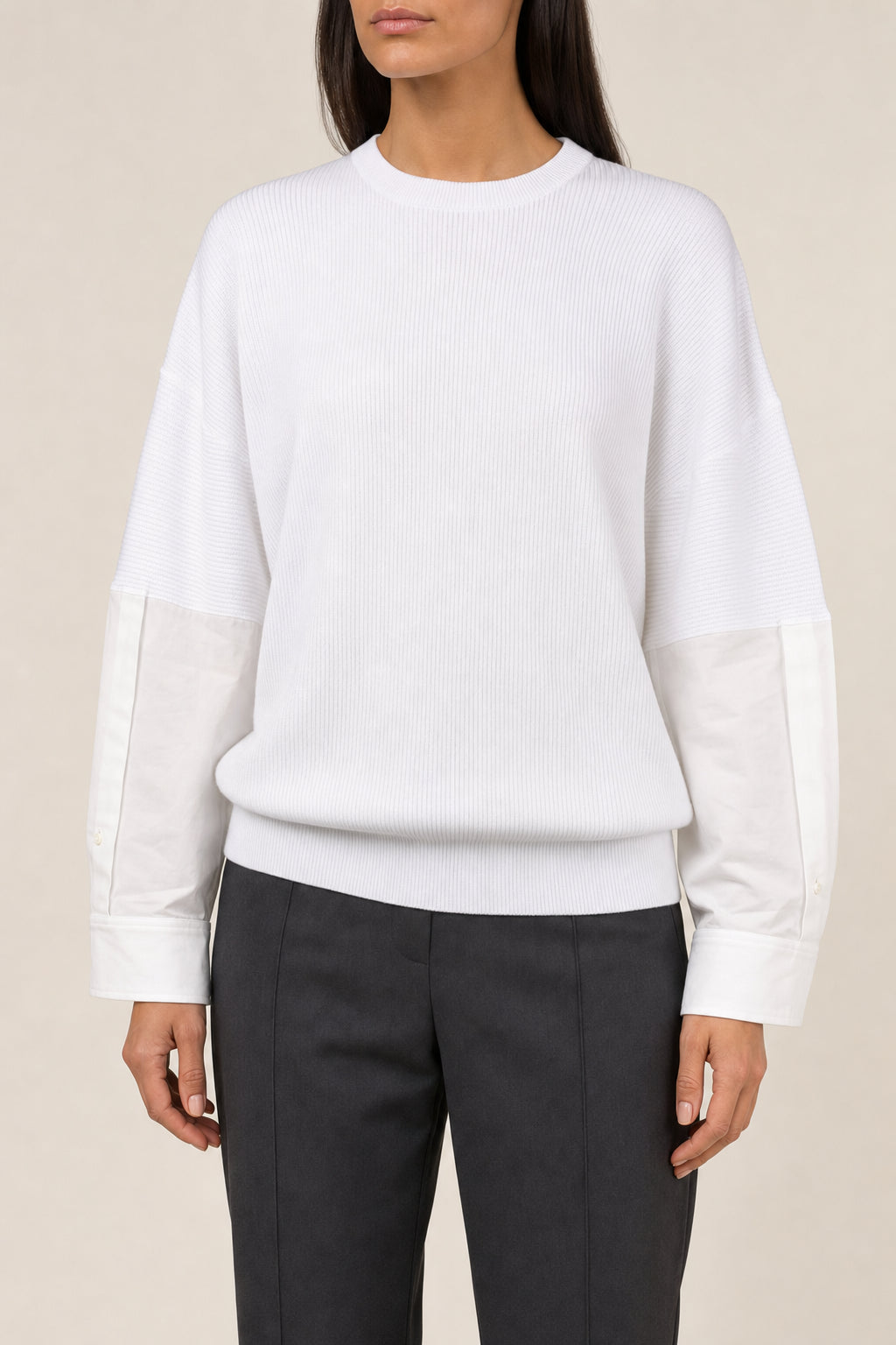 BRUNELLO CUCINELLI WOMEN'S WHITE COTTON MIXED SLEEVE SWEATER