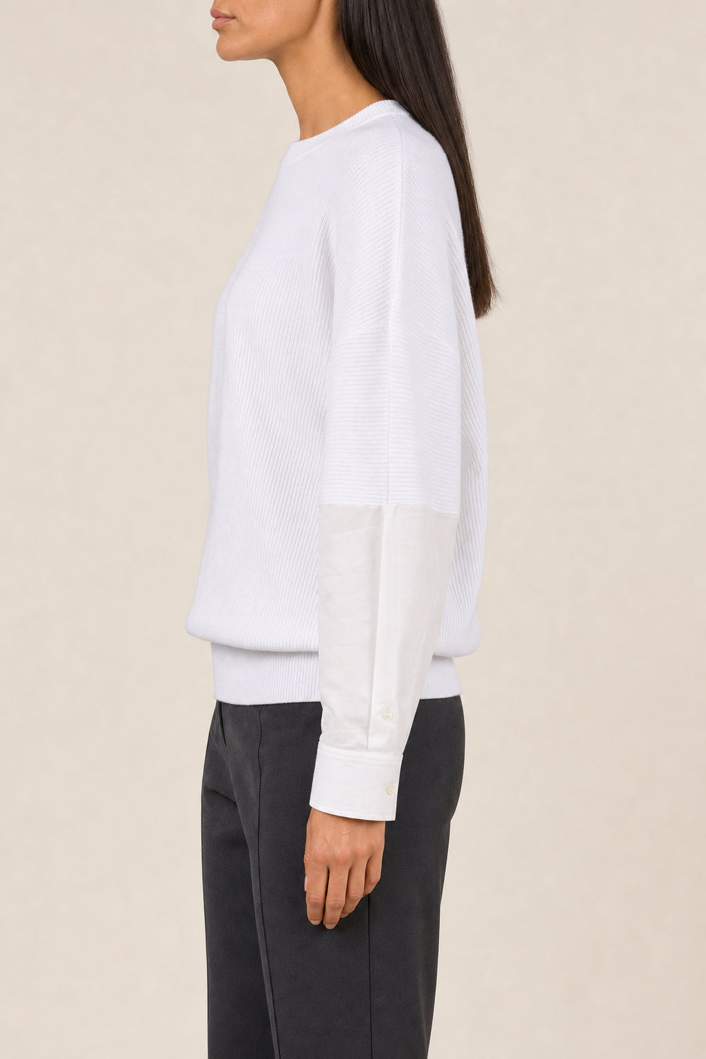 BRUNELLO CUCINELLI WOMEN'S WHITE COTTON MIXED SLEEVE SWEATER