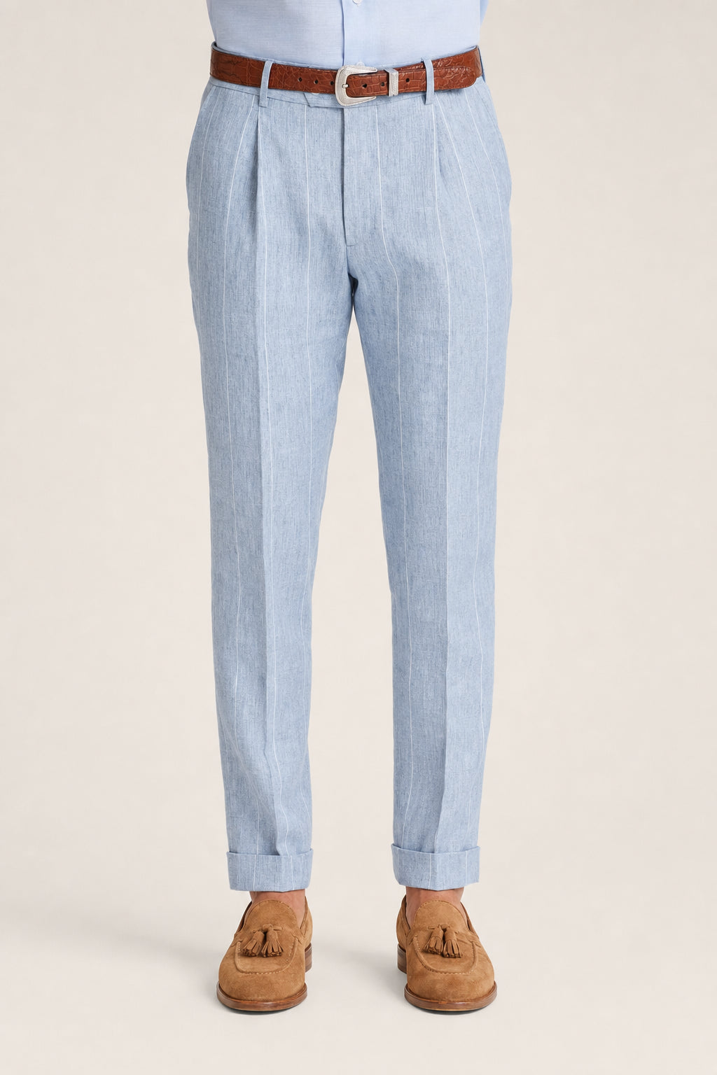 BRUNELLO CUCINELLI MEN'S LIGHT BLUE LINEN TROUSERS