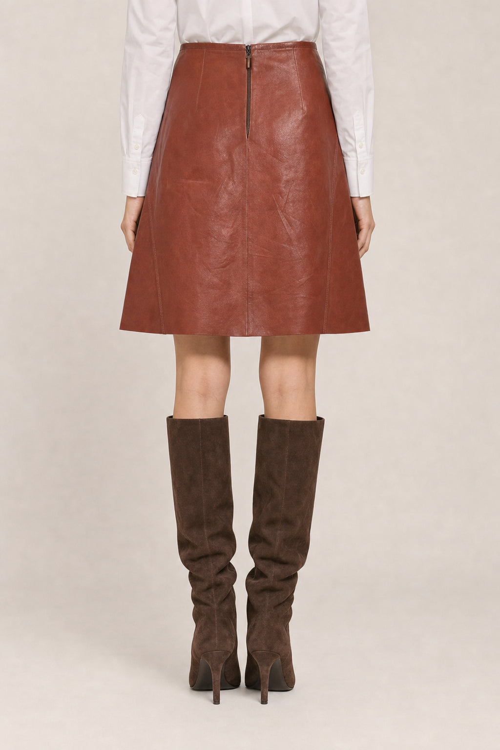 BRUNELLO CUCINELLI WOMEN'S BROWN LEATHER FLARED SKIRT