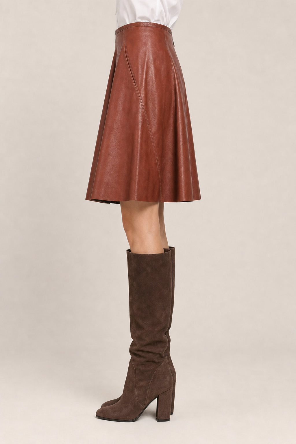 BRUNELLO CUCINELLI WOMEN'S BROWN LEATHER FLARED SKIRT