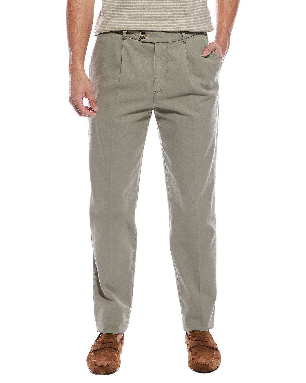 BRUNELLO CUCINELLI MEN'S LIGHT GREEN PLEATED TROUSERS