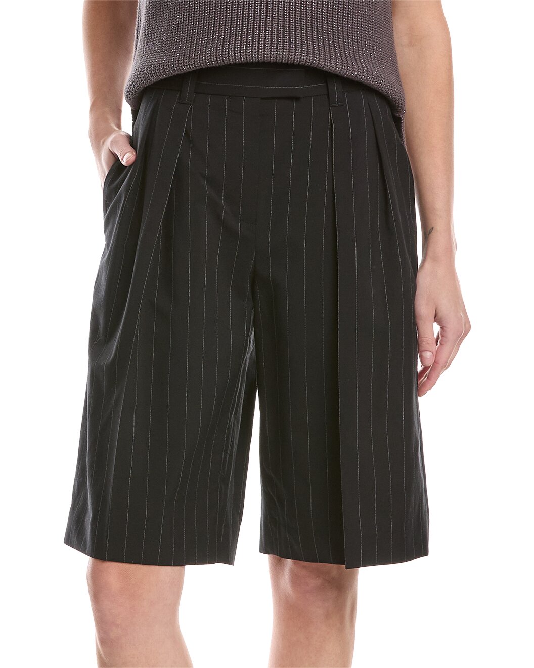 BRUNELLO CUCINELLI WOMEN'S BLACK PINSTRIPE WOOL BLEND BERMUDA SHORTS