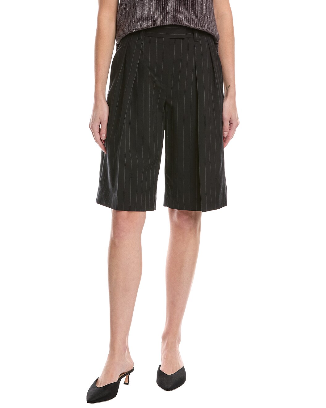 BRUNELLO CUCINELLI WOMEN'S BLACK PINSTRIPE WOOL BLEND BERMUDA SHORTS