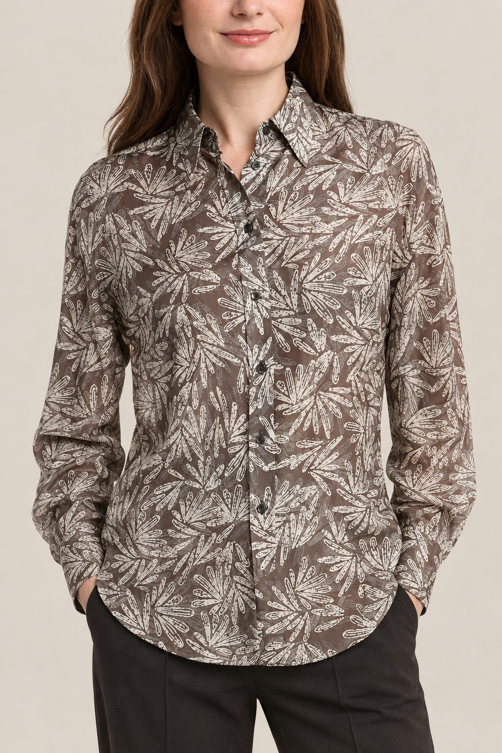 BRUNELLO CUCINELLI WOMEN'S CHOCOLATE PRINTED SILK SHIRT