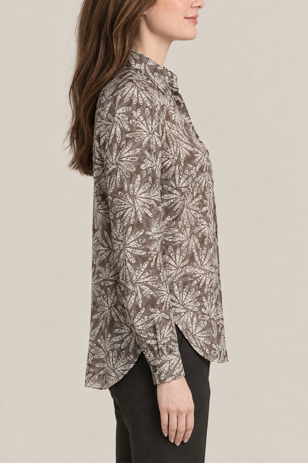 BRUNELLO CUCINELLI WOMEN'S CHOCOLATE PRINTED SILK SHIRT