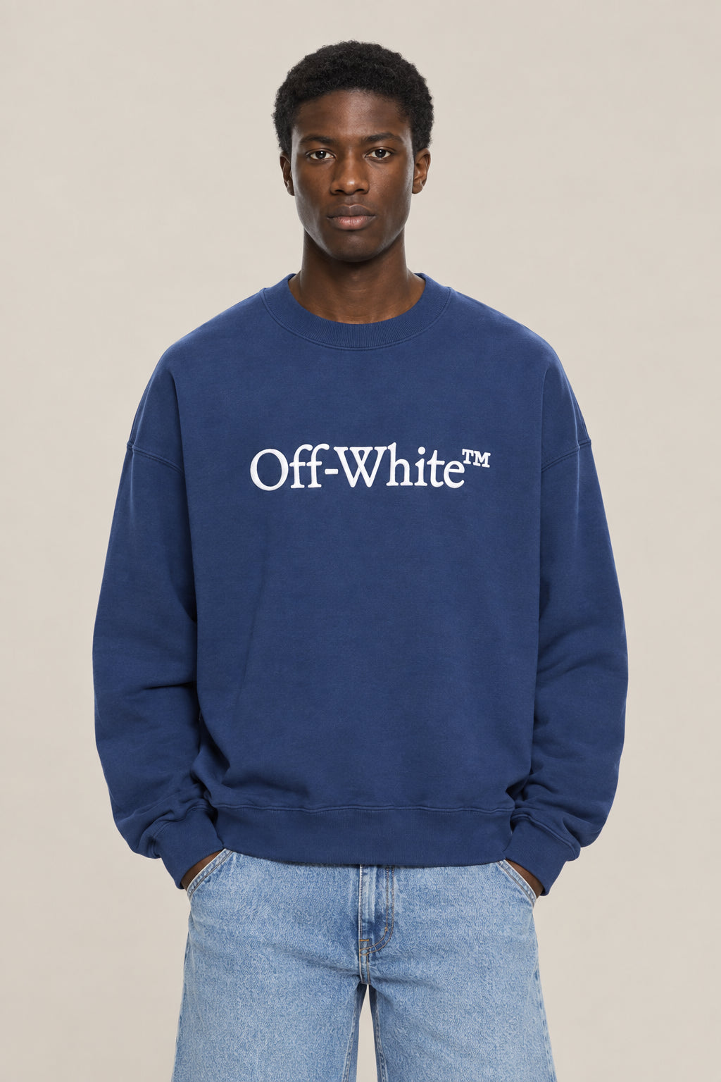 OFF-WHITE MEN'S BLACK COTTON CREWNECK SWEATER