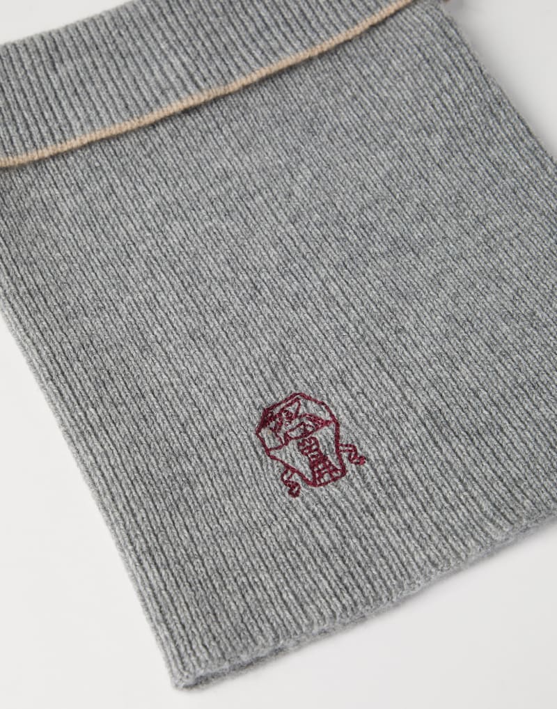 BRUNELLO CUCINELLI MEN'S LIGHT GREY LIGHT CAMEL WOOL KNIT SCARF