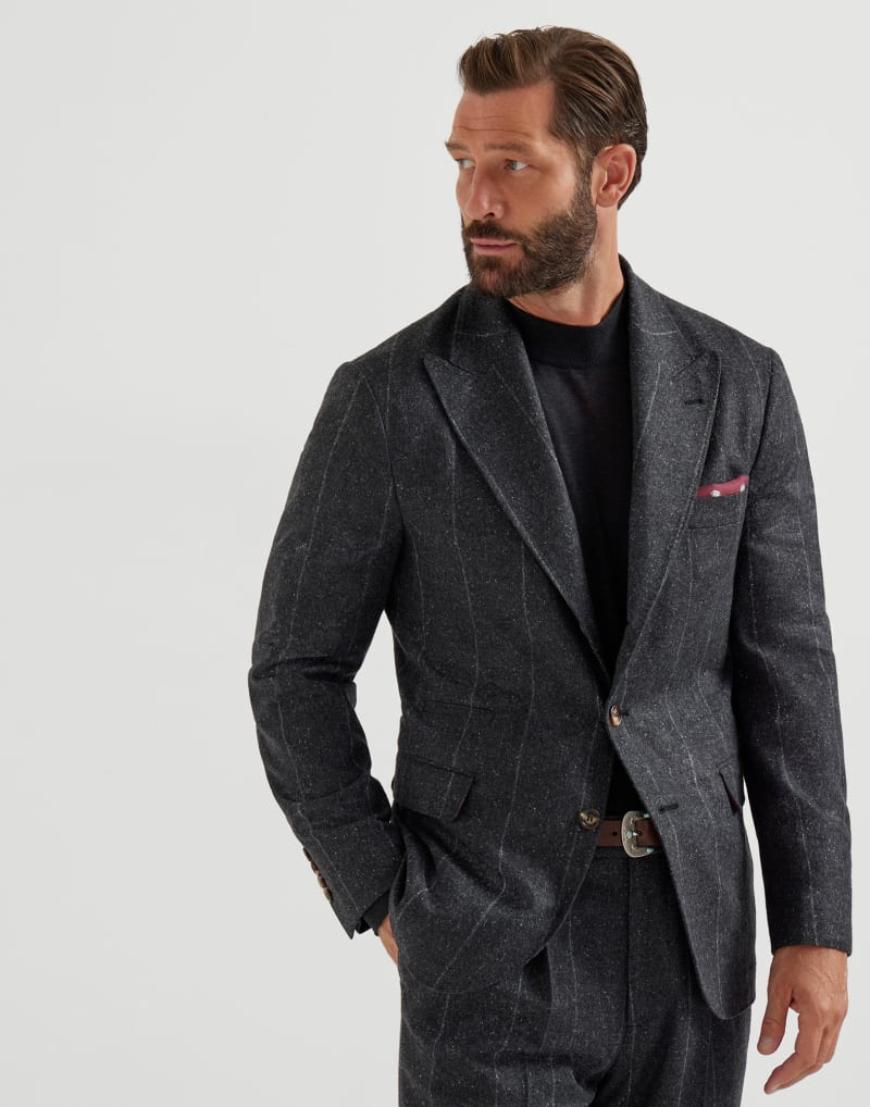 BRUNELLO CUCINELLI MEN'S ANTHRACITE WOOL SILK PINSTRIPE BLAZER