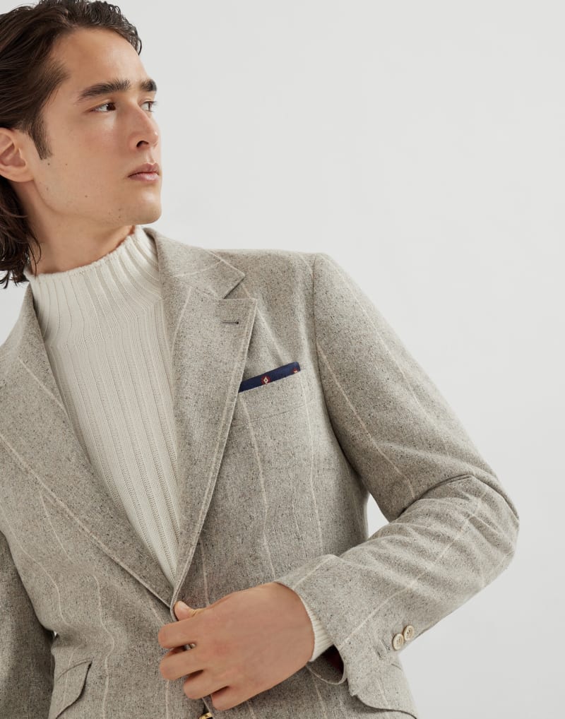 BRUNELLO CUCINELLI MEN'S ROCK SALT WOOL SILK BLEND PINSTRIPE BLAZER