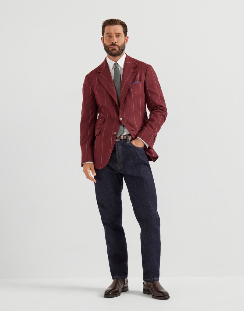 BRUNELLO CUCINELLI MEN'S PURPLE SILK WOOL STRIPED BLAZER
