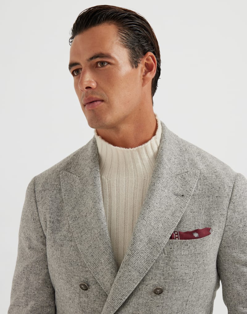 BRUNELLO CUCINELLI MEN'S LIGHT GREY SILK WOOL DOUBLE BREASTED BLAZER