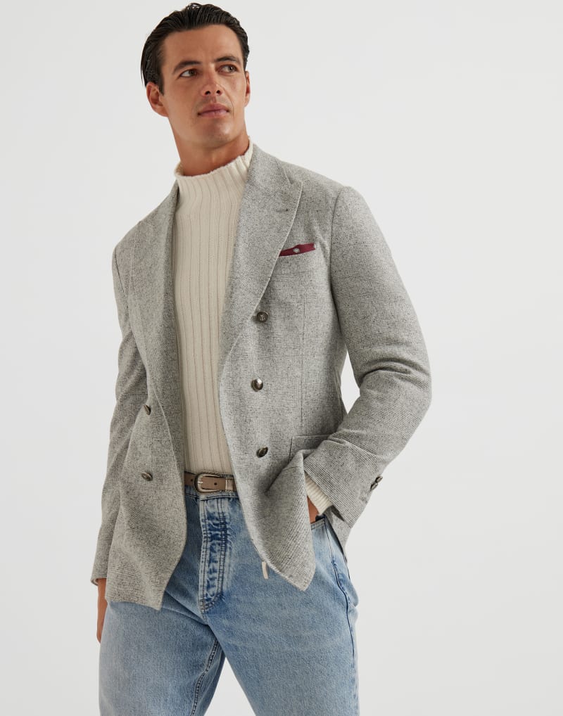 BRUNELLO CUCINELLI MEN'S LIGHT GREY SILK WOOL DOUBLE BREASTED BLAZER