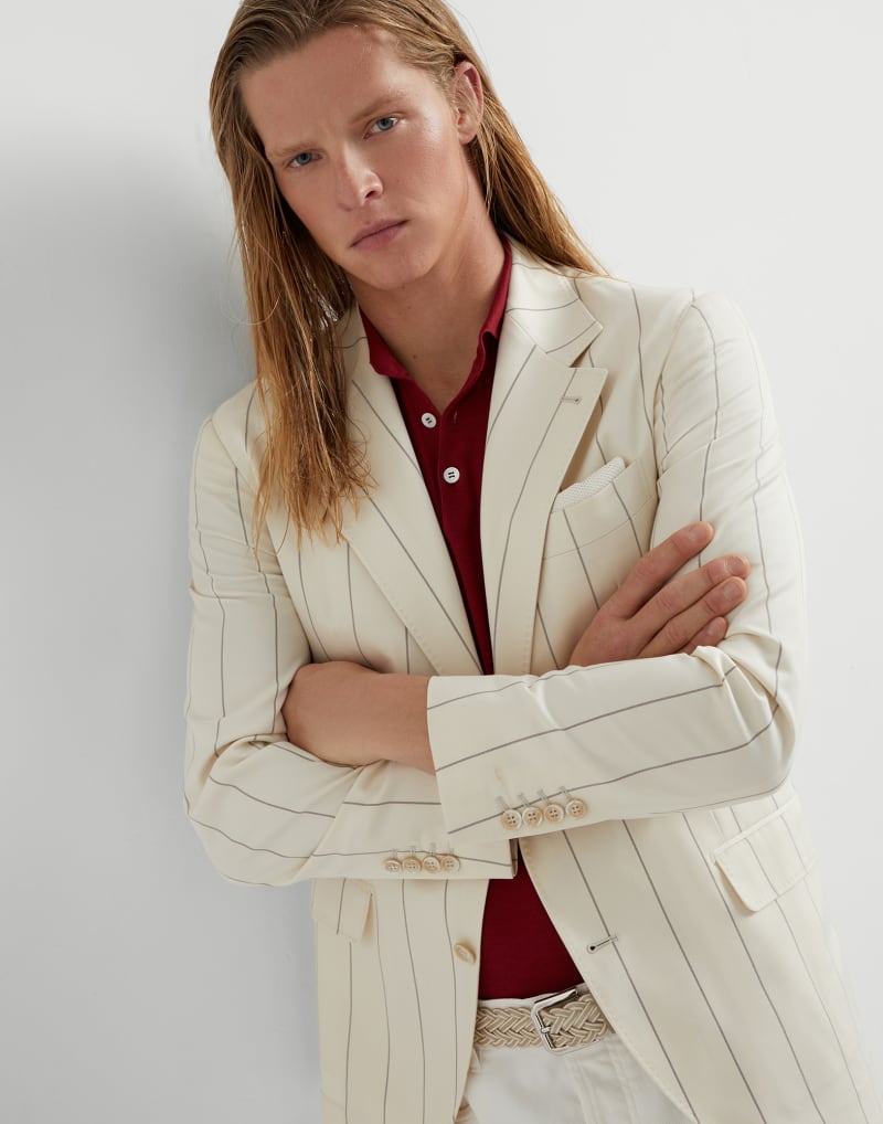 BRUNELLO CUCINELLI MEN'S ROPE TOBACCO STRIPED WOOL COTTON BLAZER