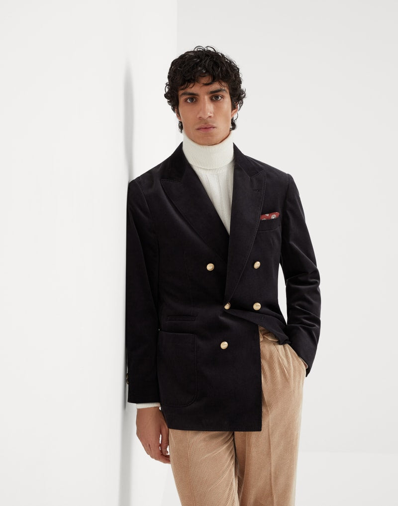 BRUNELLO CUCINELLI MEN'S DARK GREY DOUBLE BREASTED COTTON BLAZER